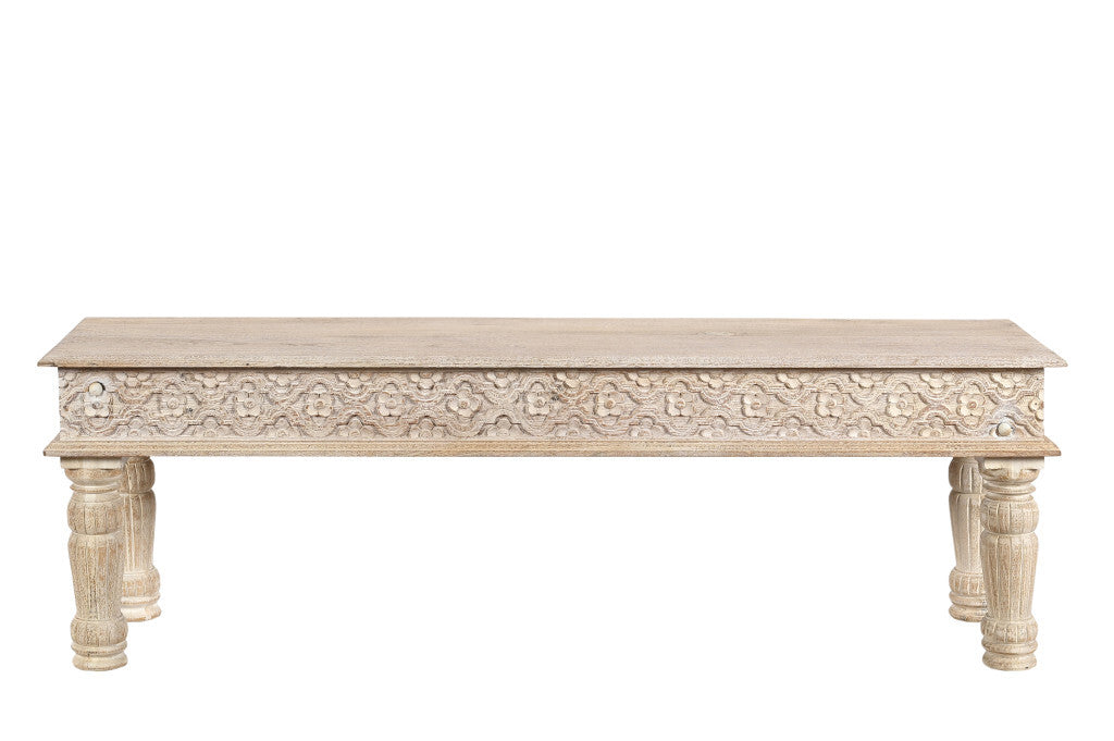 58" White Distressed and Carved Solid Wood Dining bench