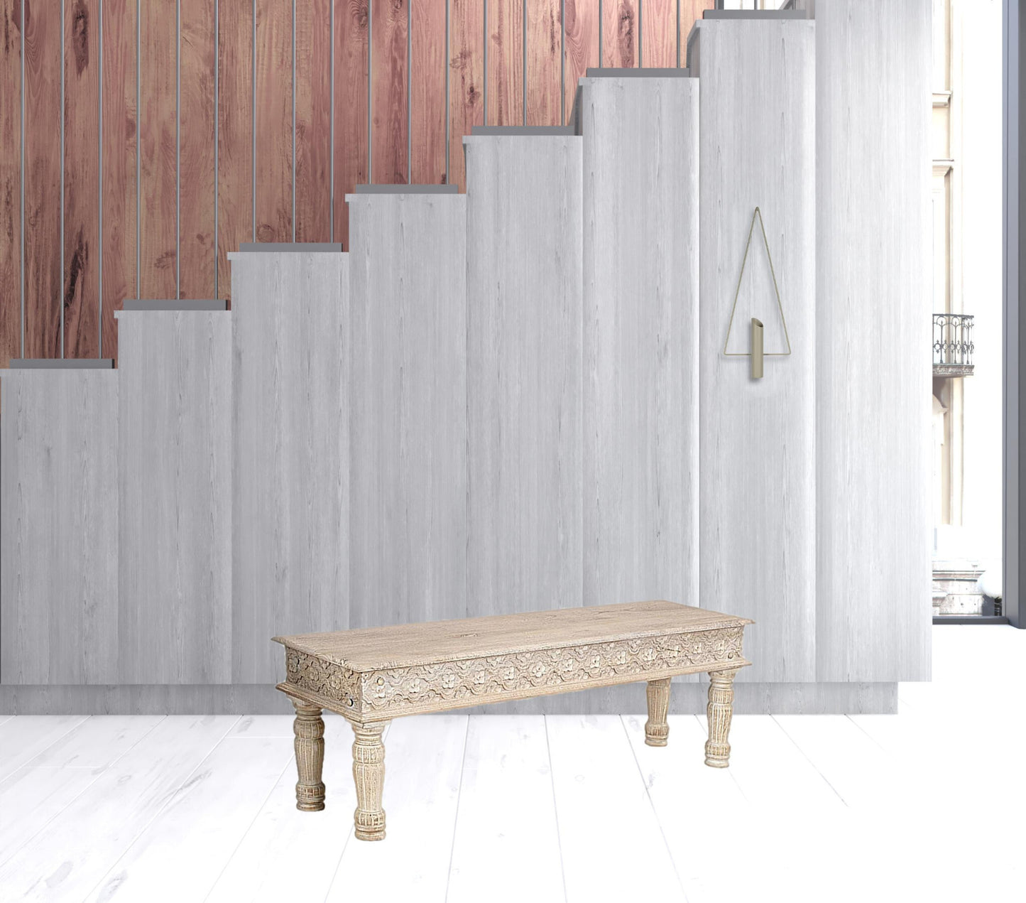 58" White Distressed and Carved Solid Wood Dining bench