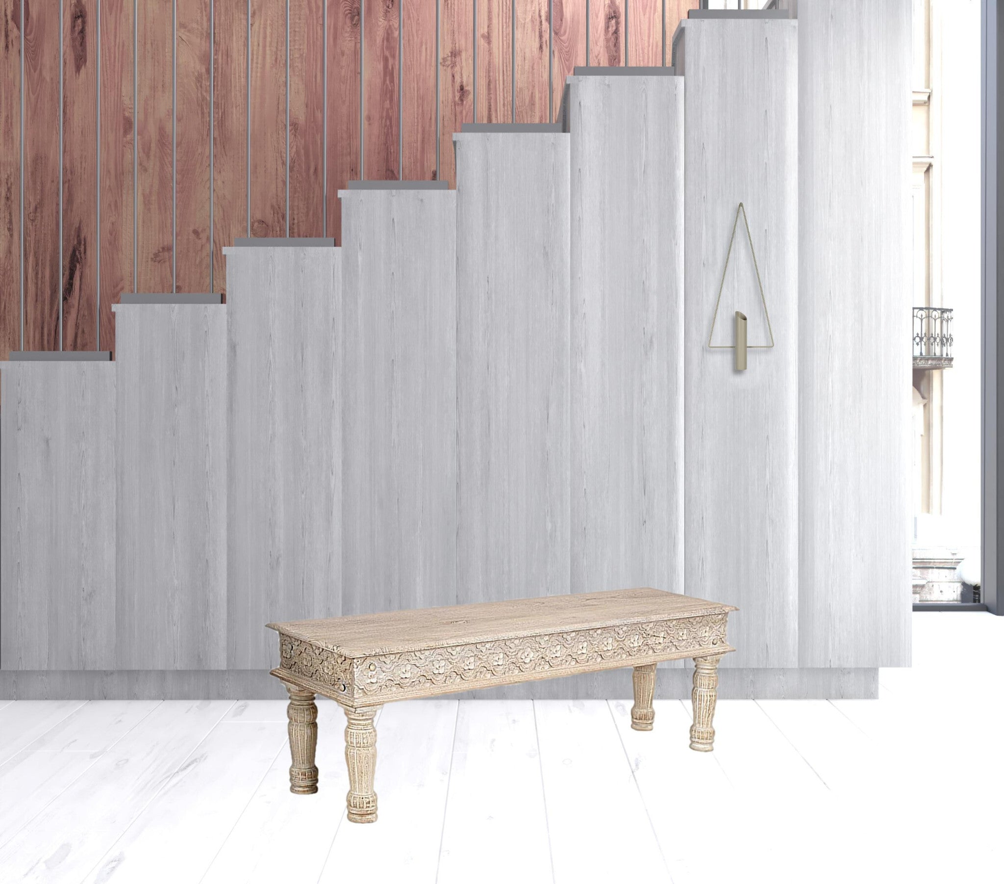 58" White Distressed and Carved Solid Wood Dining bench