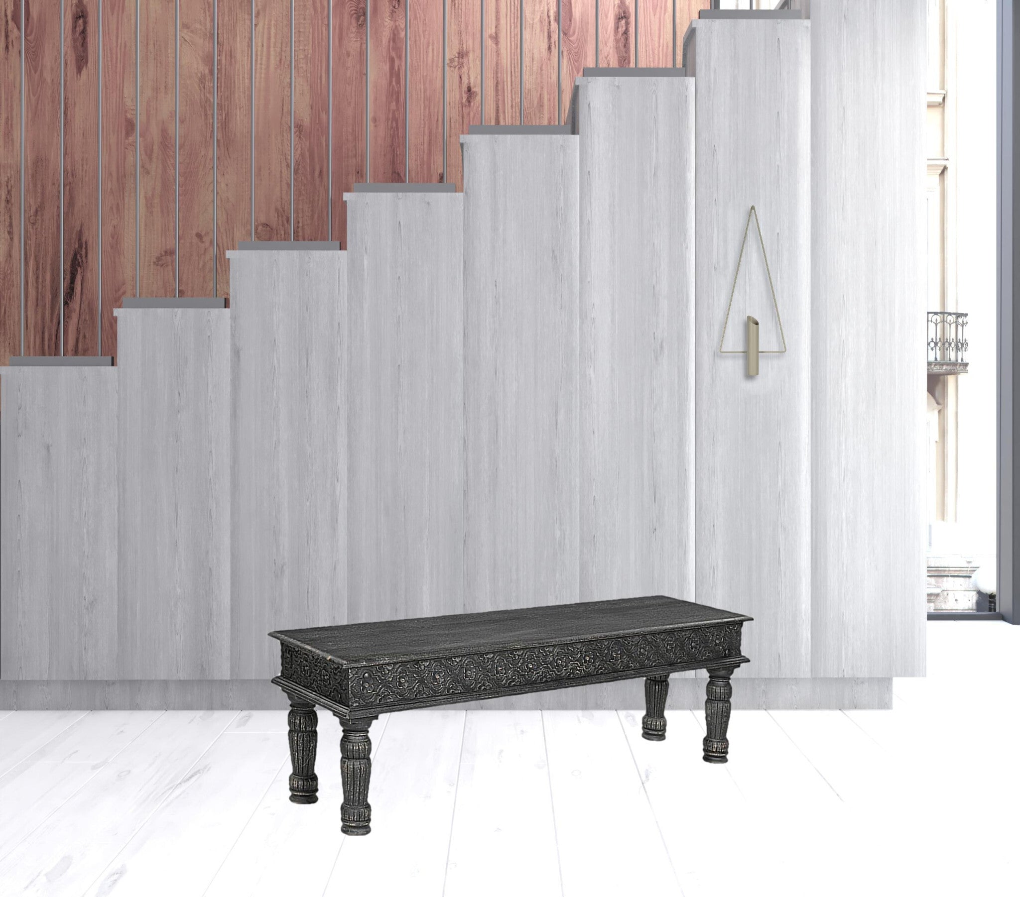 58" Black Distressed and Carved Solid Wood Dining Bench