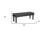 58" Black Distressed and Carved Solid Wood Dining Bench