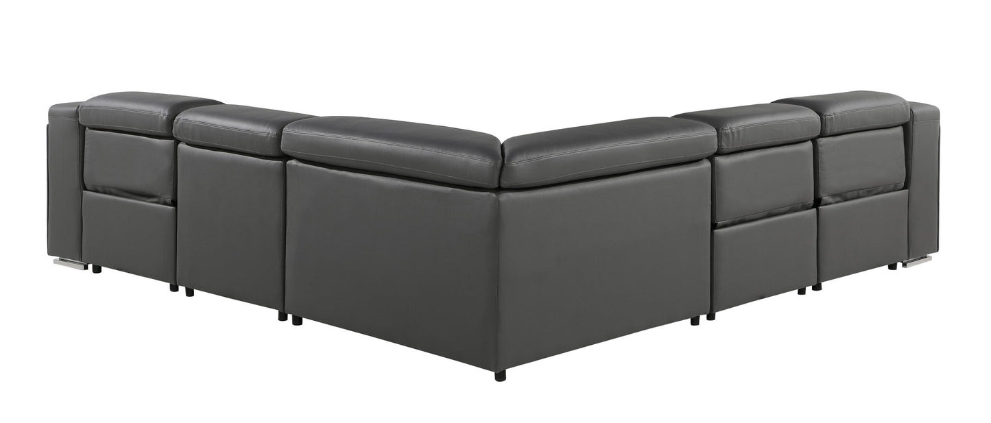 Dark Gray Italian Leather Power Reclining L Shaped Five Piece Corner Sectional
