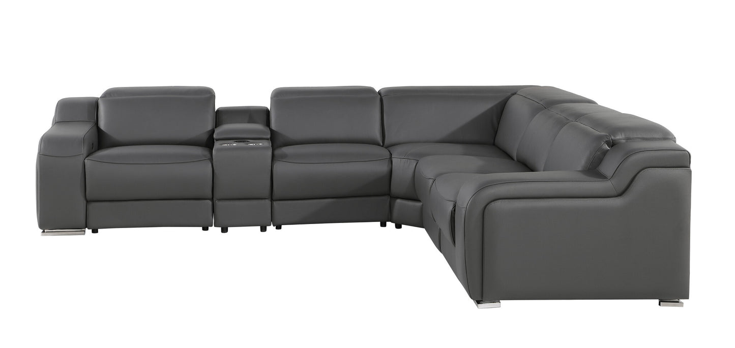 Dark Gray Italian Leather Power Reclining L Shaped Six Piece Corner Sectional With Console
