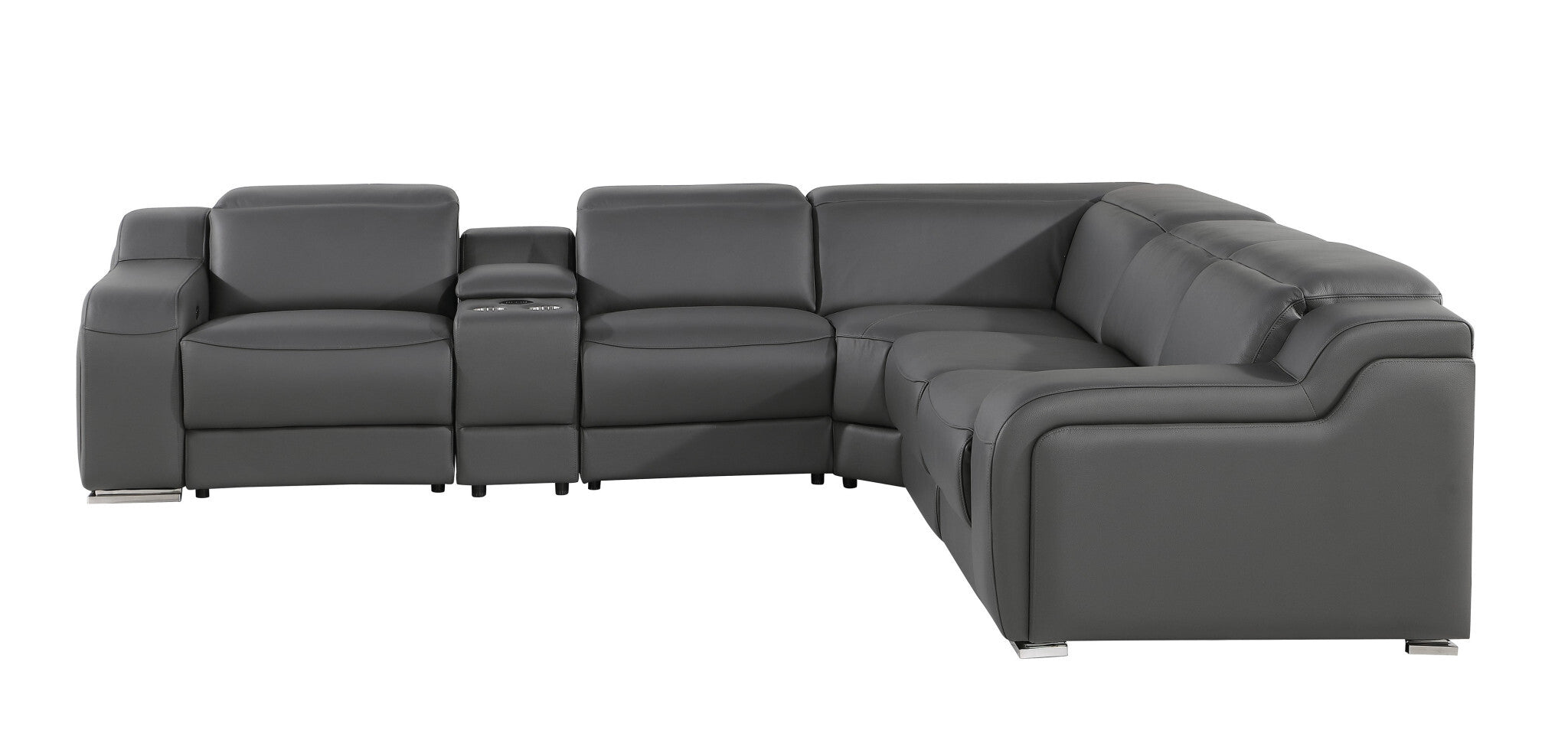 Dark Gray Italian Leather Power Reclining L Shaped Six Piece Corner Sectional With Console