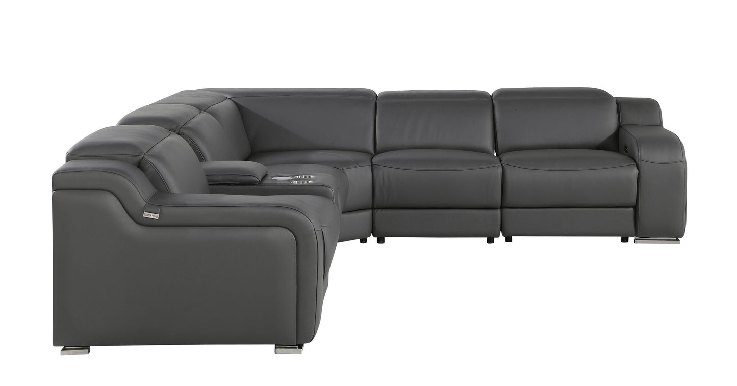 Dark Gray Italian Leather Power Reclining L Shaped Six Piece Corner Sectional With Console