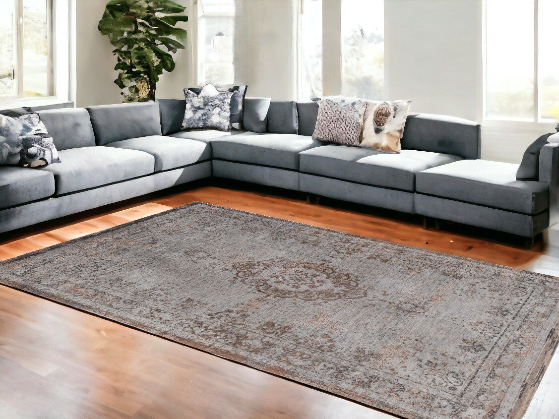 9' X 13' Gray and Beige Medallion Non Skid Area Rug