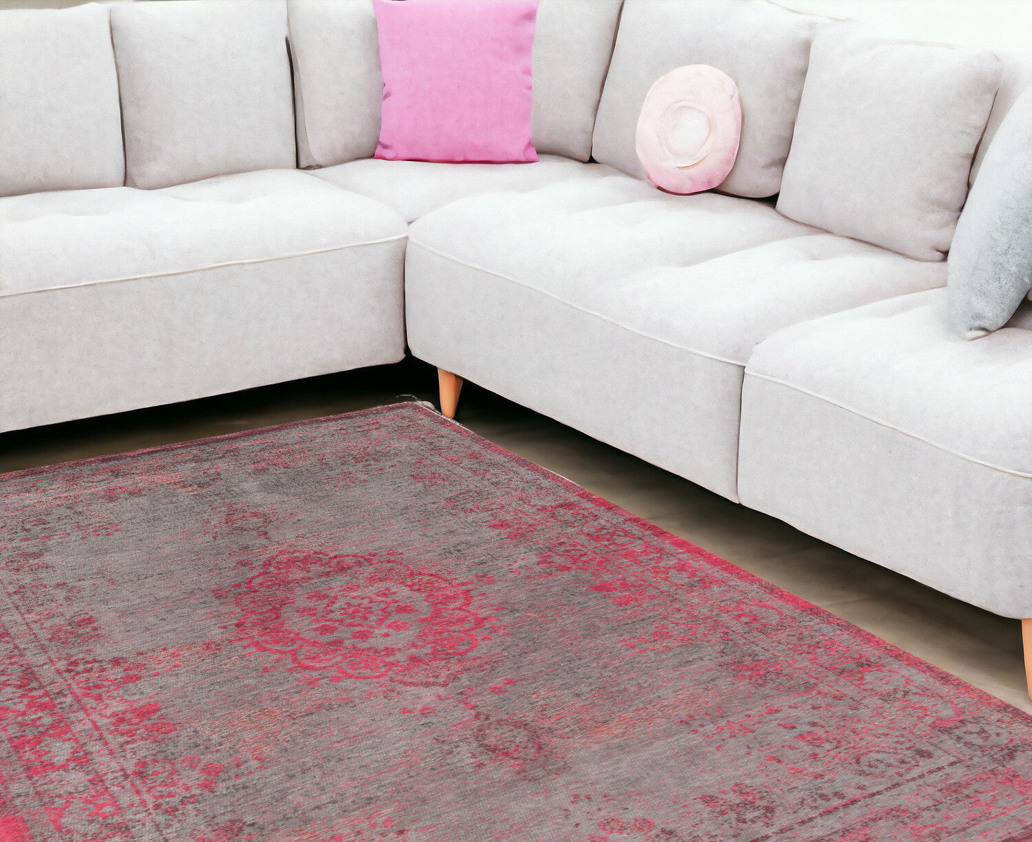 9' X 13' Gray and Pink Medallion Non Skid Area Rug