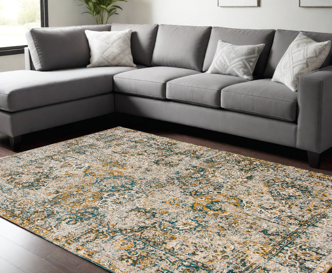 7' X 9' Blue and Green Abstract Non Skid Area Rug