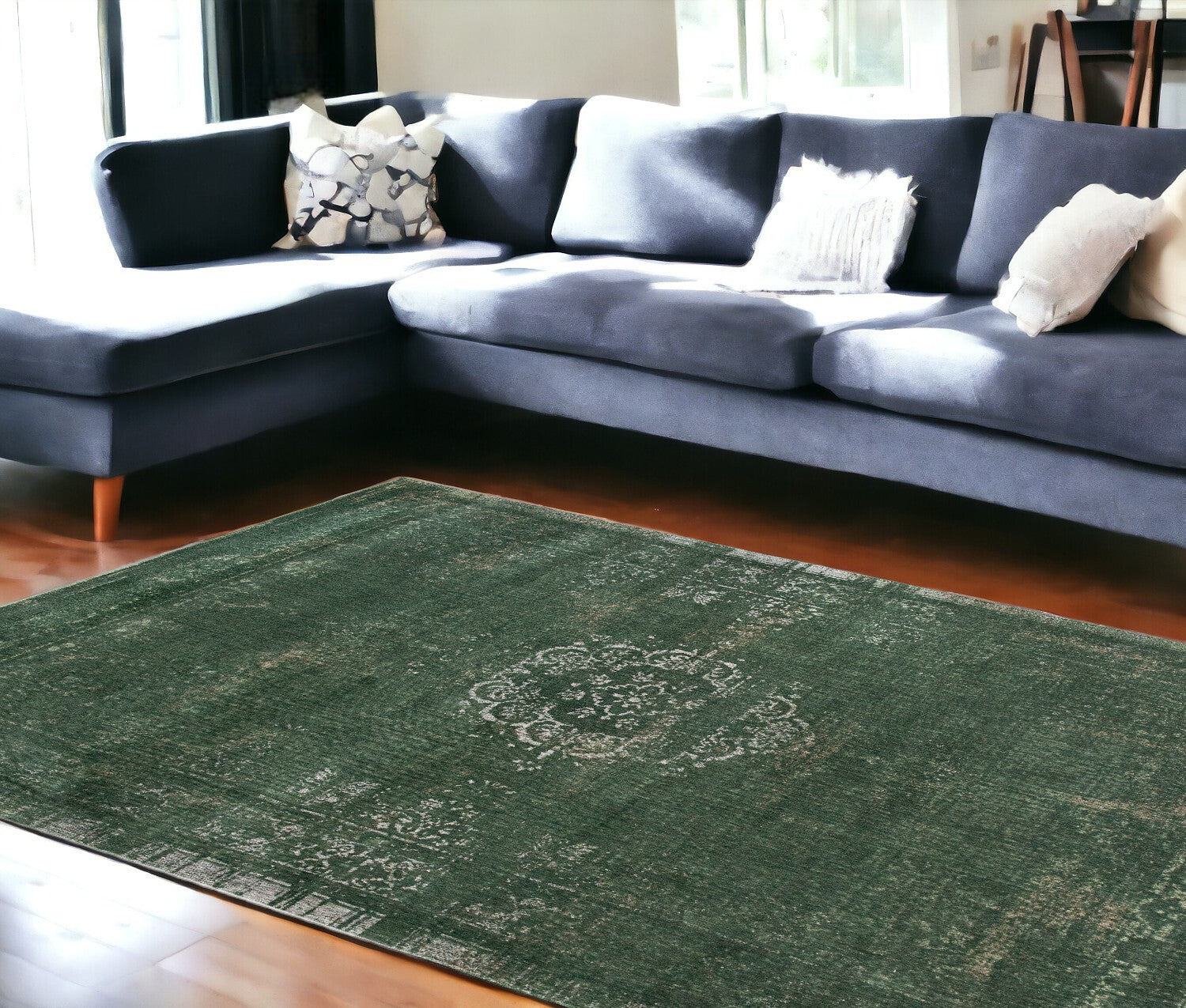 7' X 9' Gray and Green Medallion Non Skid Area Rug