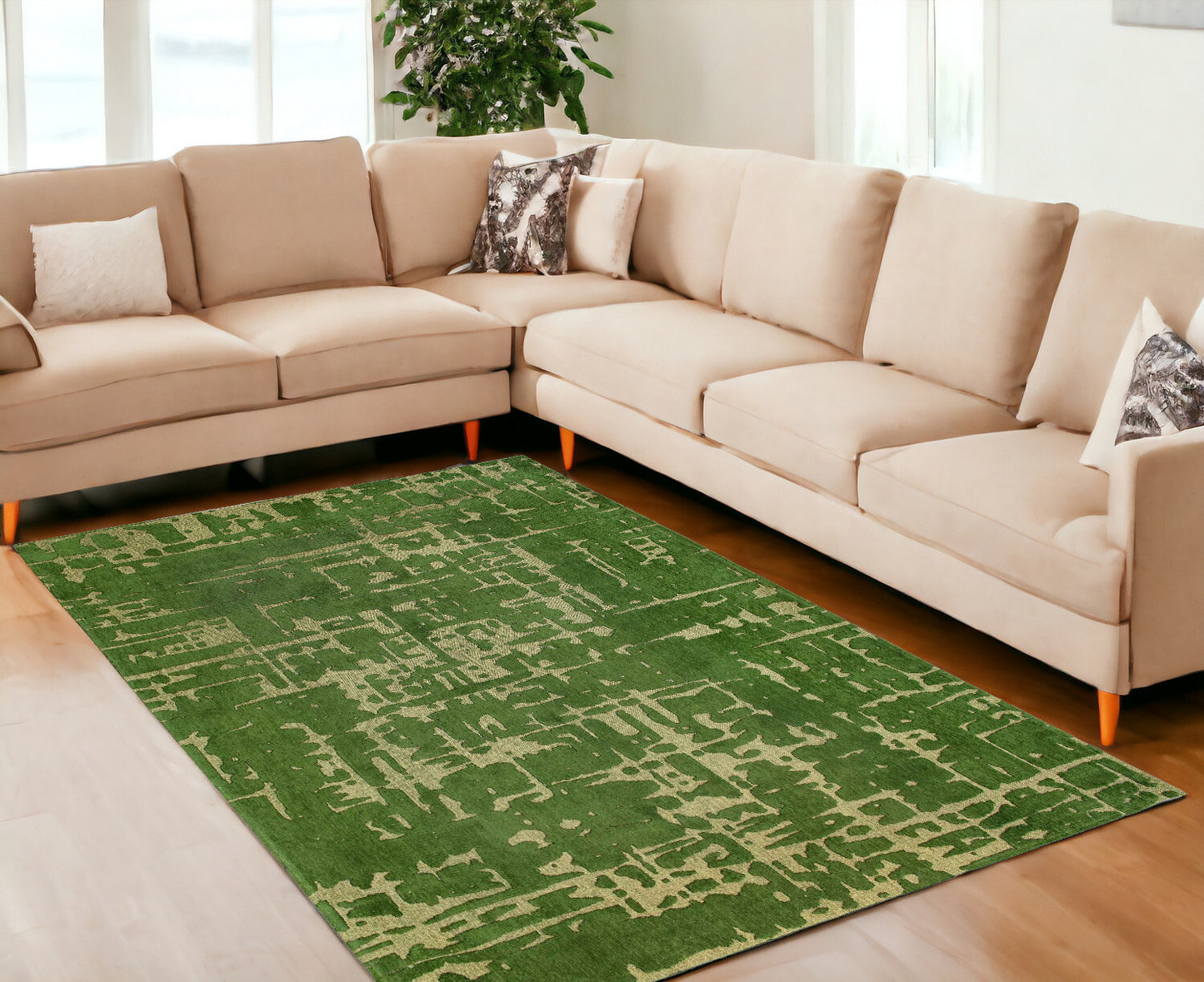 7' X 9' Green Abstract Non Skid Area Rug