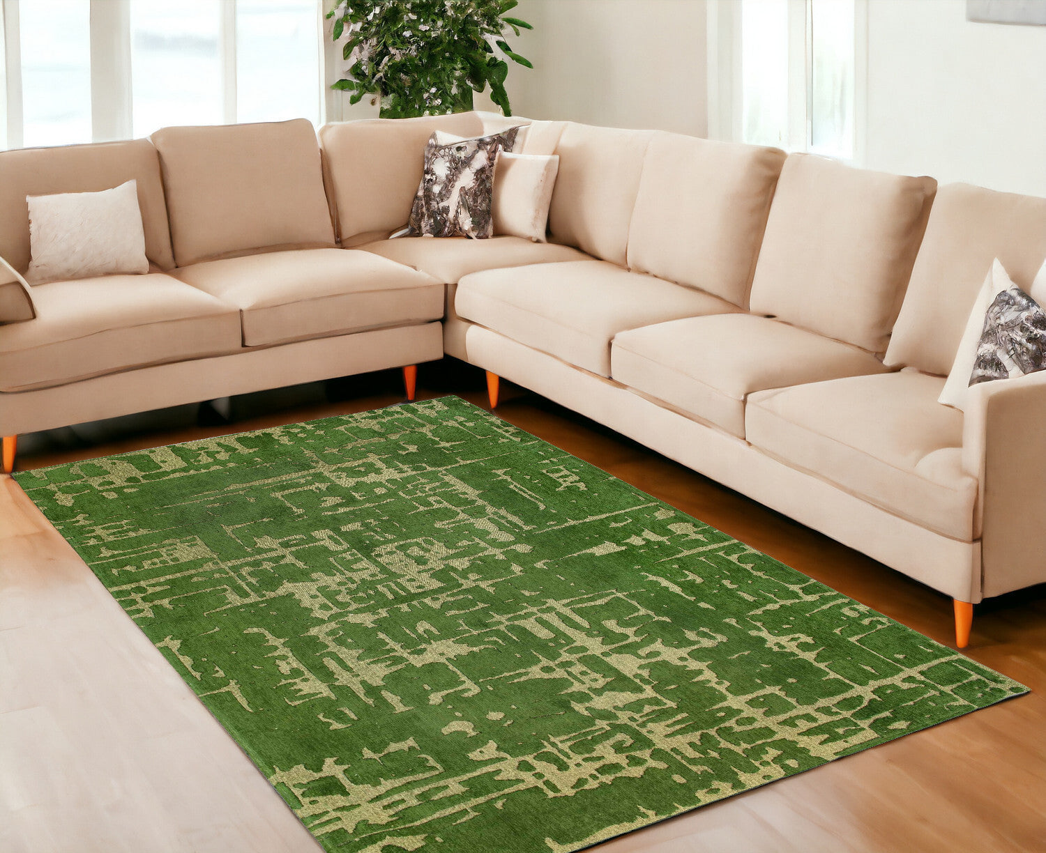 7' X 9' Green Abstract Non Skid Area Rug