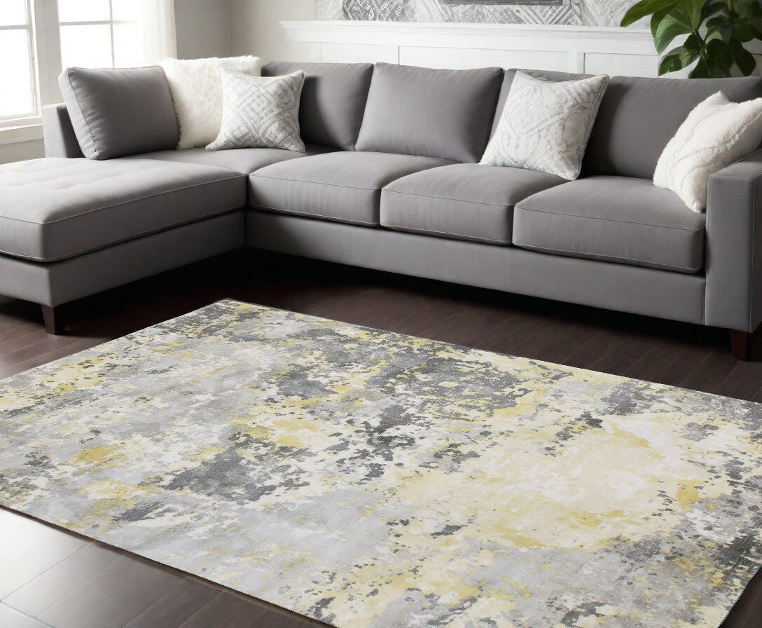 9' X 12' Gray and Yellow Abstract Hand Loomed Area Rug