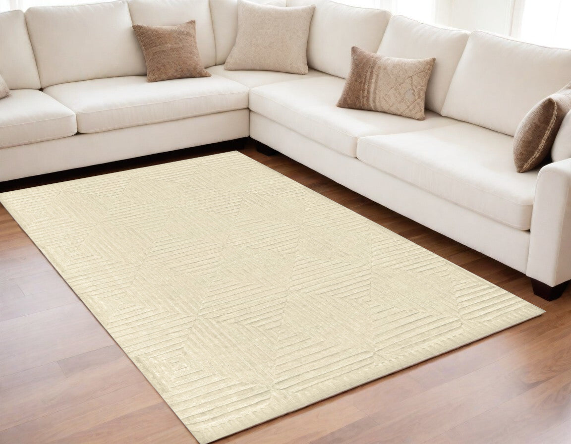6' X 9' Ivory Wool Geometric Hand Knotted Area Rug