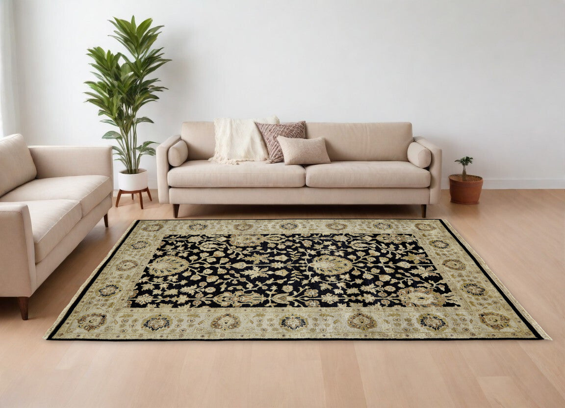 8' X 10' Black Wool Oriental Hand Knotted Area Rug