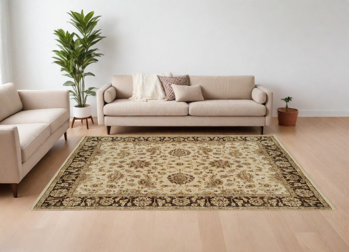 8' X 10' Ivory Brown and Gold Wool Oriental Hand Knotted Area Rug