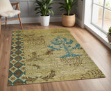 4' X 6' Tan Blue and Brown Floral Hand Knotted Area Rug