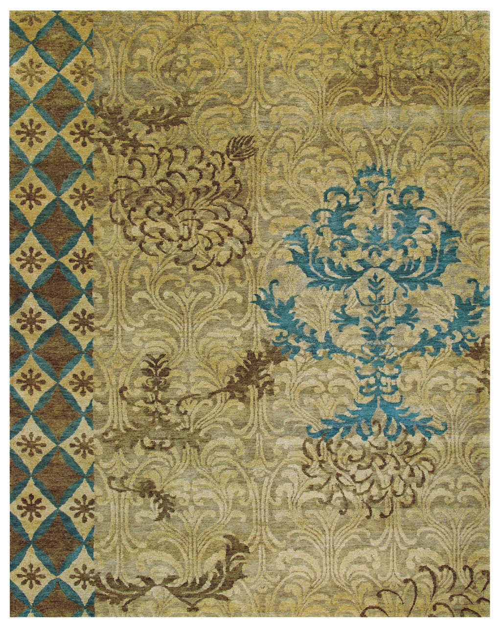 4' X 6' Tan Blue and Brown Floral Hand Knotted Area Rug