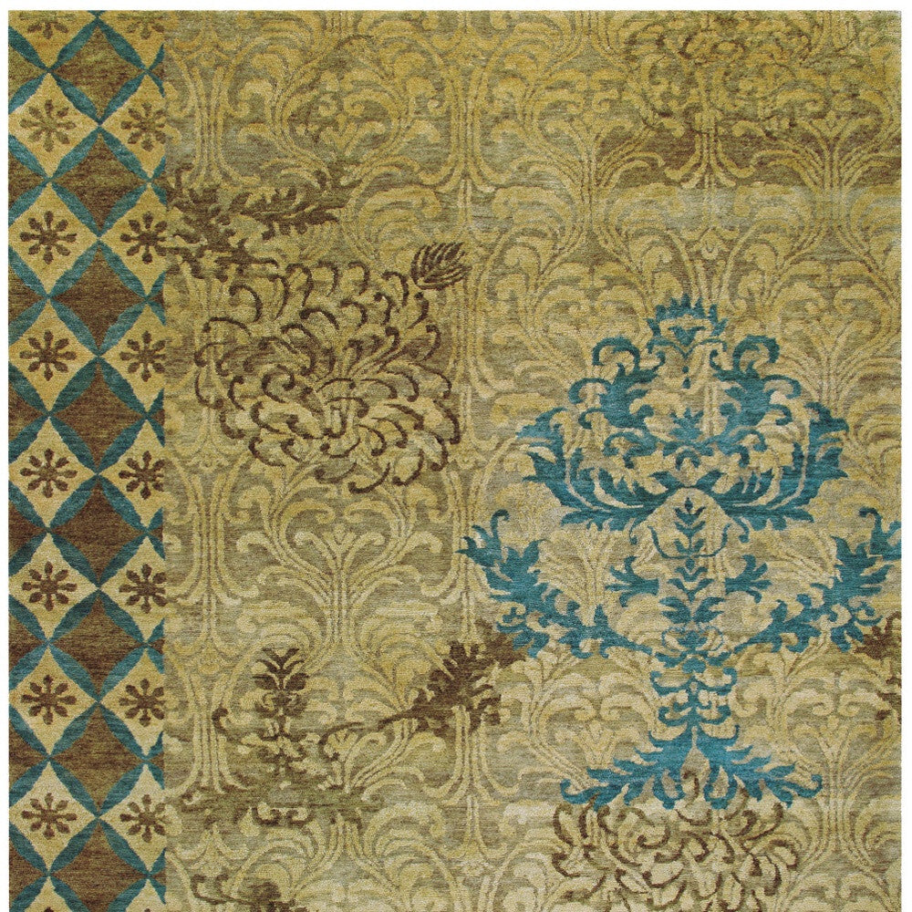 4' X 6' Tan Blue and Brown Floral Hand Knotted Area Rug