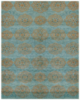 4' X 6' Green Blue and Taupe Floral Hand Knotted Worn Faded Area Rug