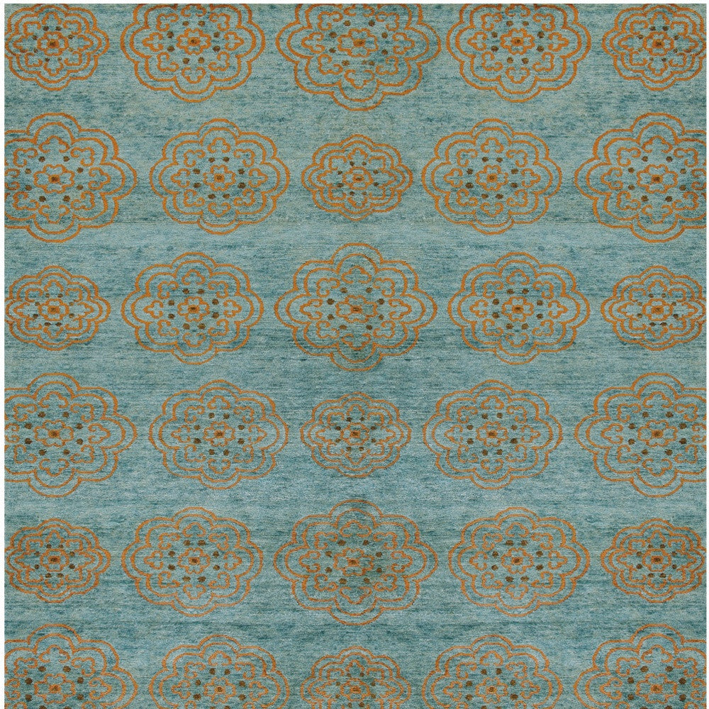 4' X 6' Green Blue and Taupe Floral Hand Knotted Worn Faded Area Rug