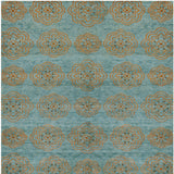 4' X 6' Green Blue and Taupe Floral Hand Knotted Worn Faded Area Rug