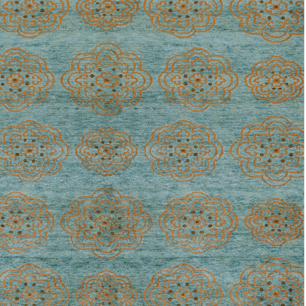 4' X 6' Green Blue and Taupe Floral Hand Knotted Worn Faded Area Rug