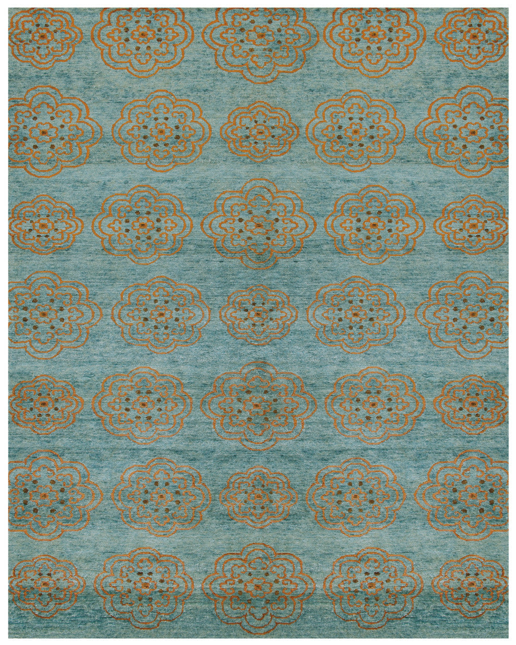 6' X 9' Green Blue and Taupe Floral Hand Knotted Worn Faded Area Rug