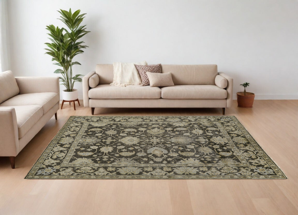 8' X 10' Taupe and Gray Wool Floral Hand Knotted Area Rug