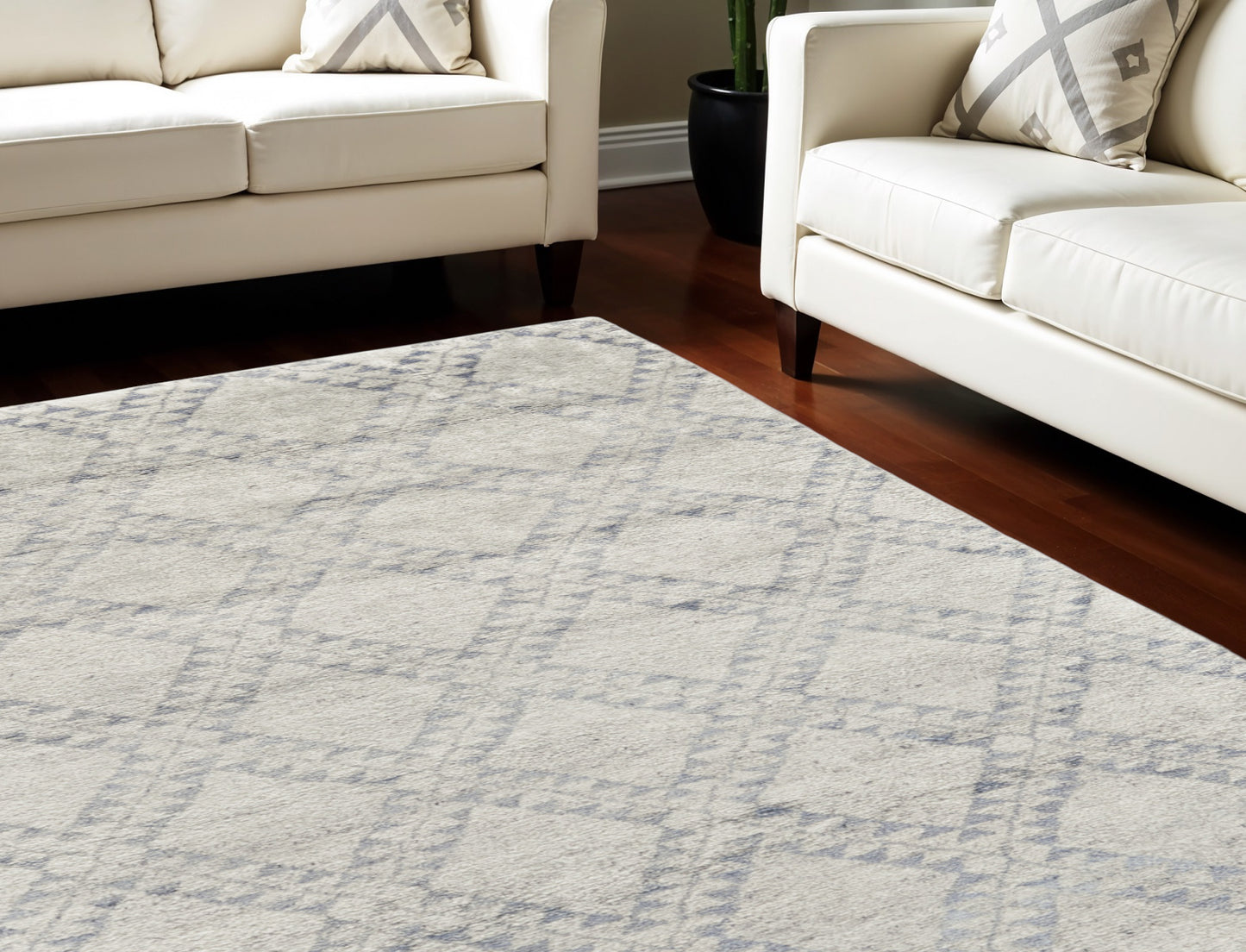 8' X 10' Gray and Ivory Geometric Hand Knotted Worn Faded Area Rug