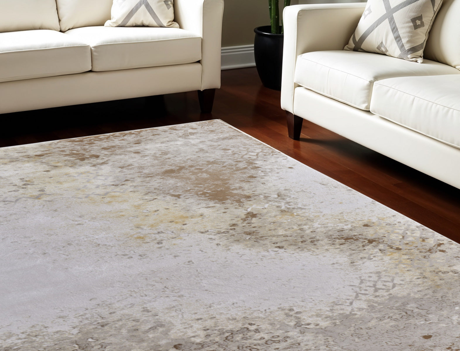 12' X 15' Tan and Ivory Abstract Power Loom Worn Faded Area Rug