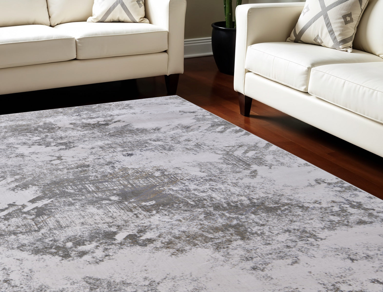 12' X 15' Gray and Silver Abstract Power Loom Worn Faded Area Rug