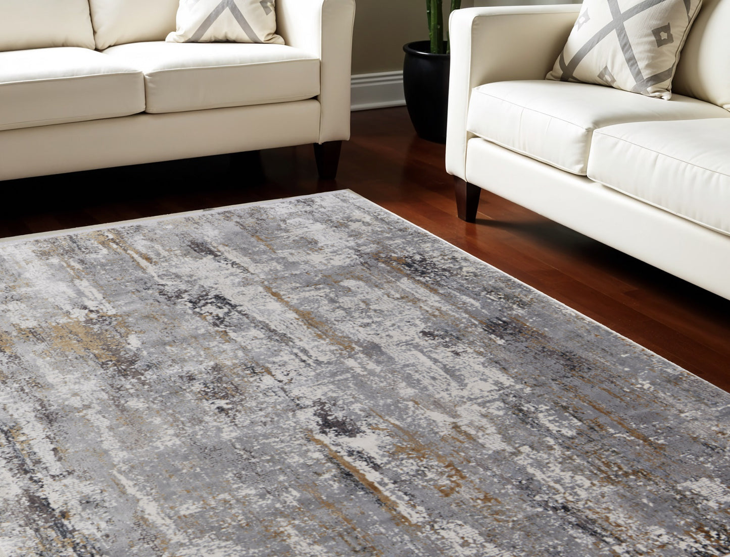 10' X 13' Gray Ivory and Gold Abstract Power Loom Area Rug With Fringe
