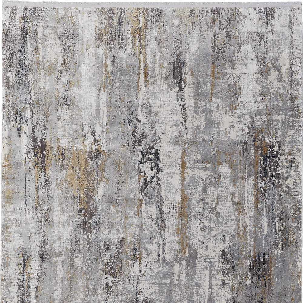 13' X 20' Gray Ivory and Gold Abstract Power Loom Area Rug With Fringe