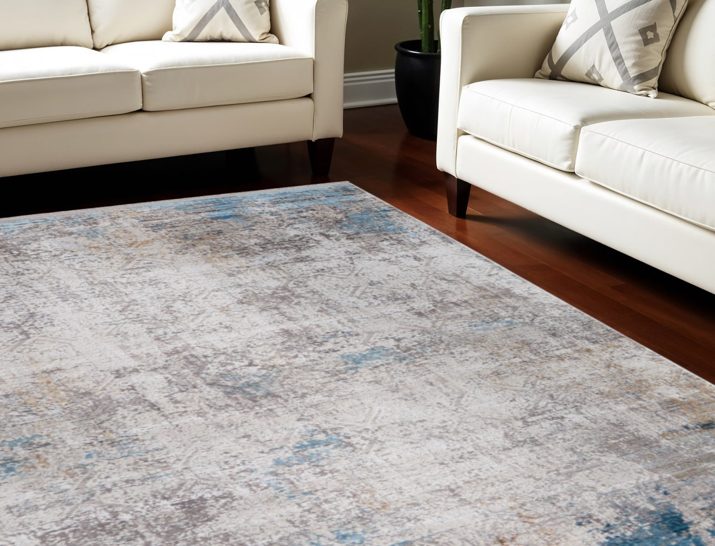 13' X 20' Ivory Gray and Blue Abstract Power Loom Area Rug With Fringe