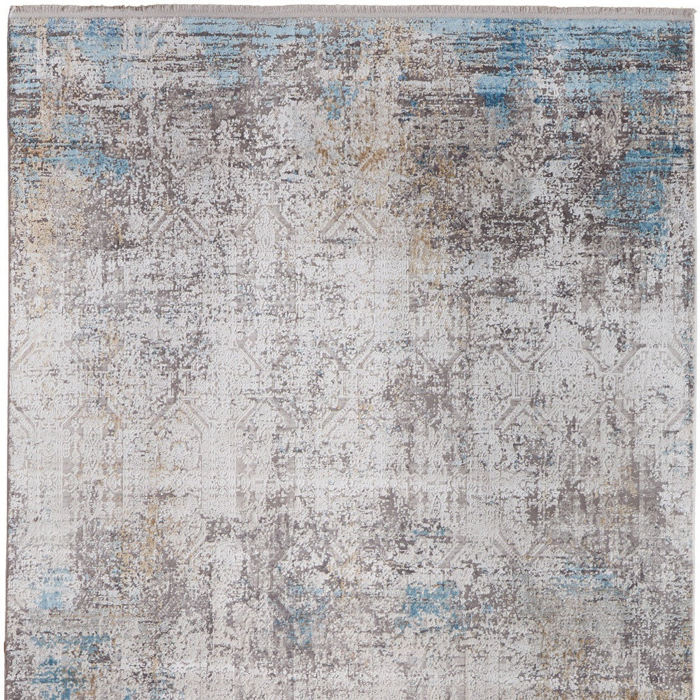 13' X 20' Ivory Gray and Blue Abstract Power Loom Area Rug With Fringe
