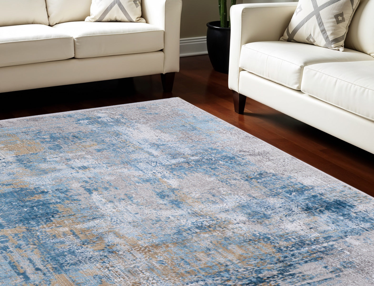 13' X 20' Blue Gold and Gray Abstract Power Loom Area Rug With Fringe