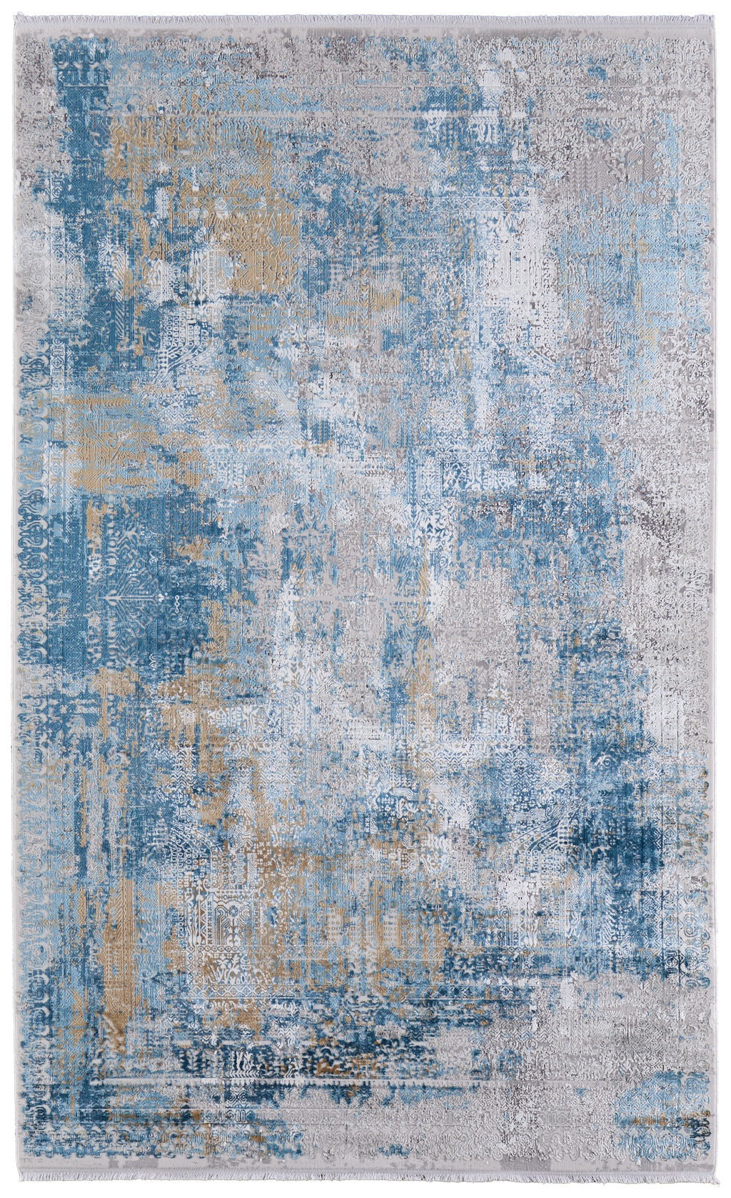 13' X 20' Blue Gold and Gray Abstract Power Loom Area Rug With Fringe