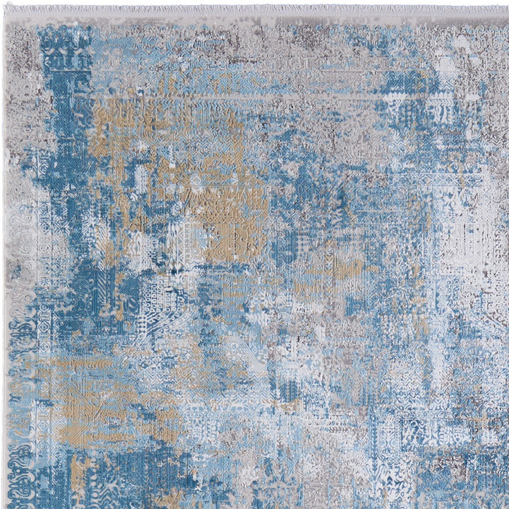 13' X 20' Blue Gold and Gray Abstract Power Loom Area Rug With Fringe