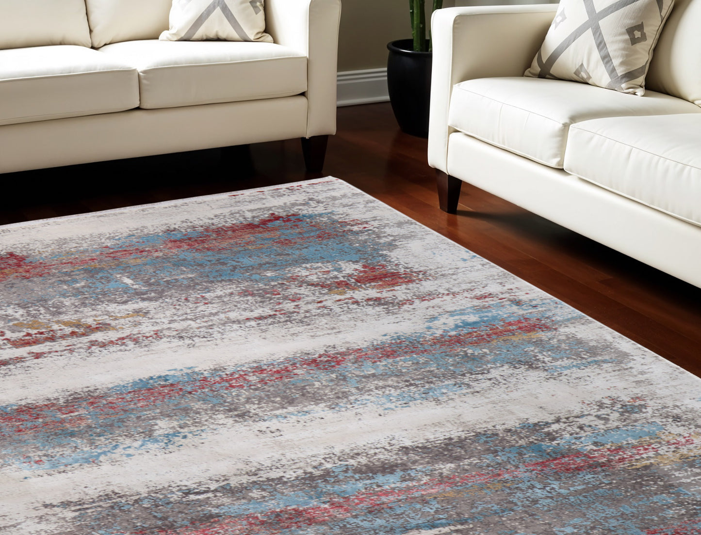 13' X 20' Gray Blue and Red Abstract Power Loom Area Rug With Fringe