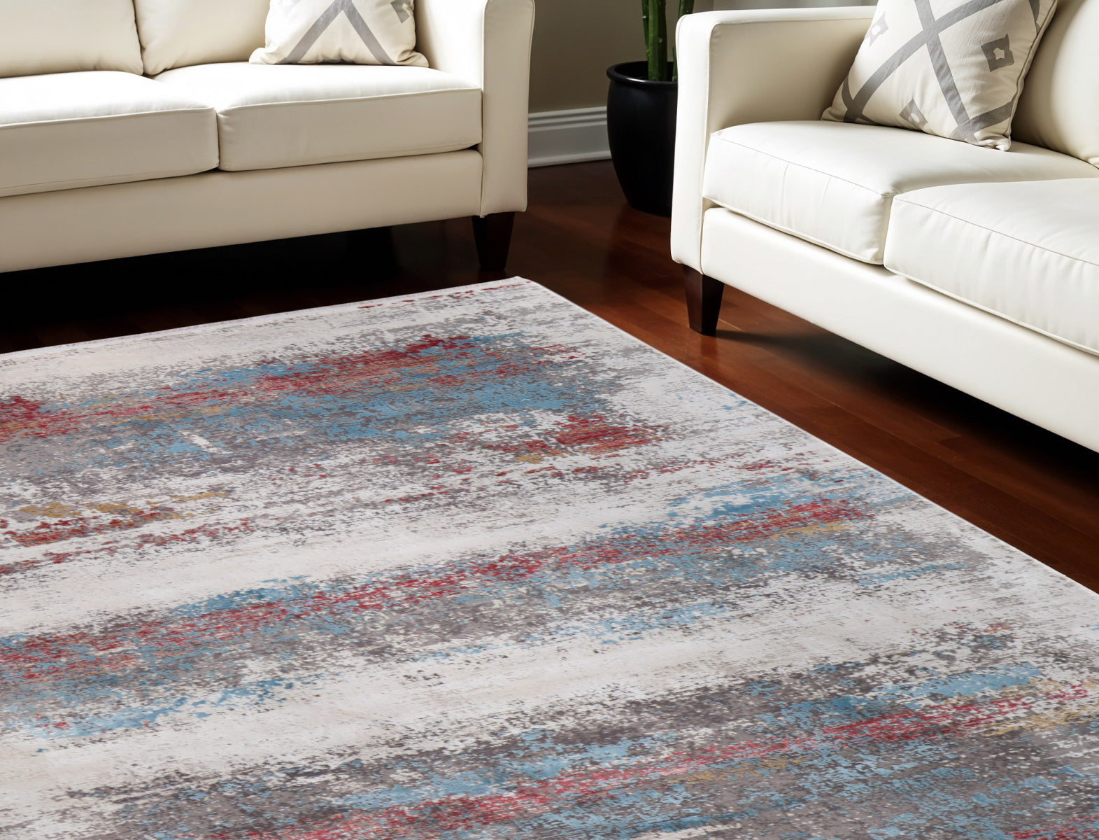 13' X 20' Gray Blue and Red Abstract Power Loom Area Rug With Fringe