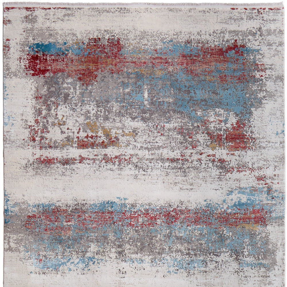13' X 20' Gray Blue and Red Abstract Power Loom Area Rug With Fringe