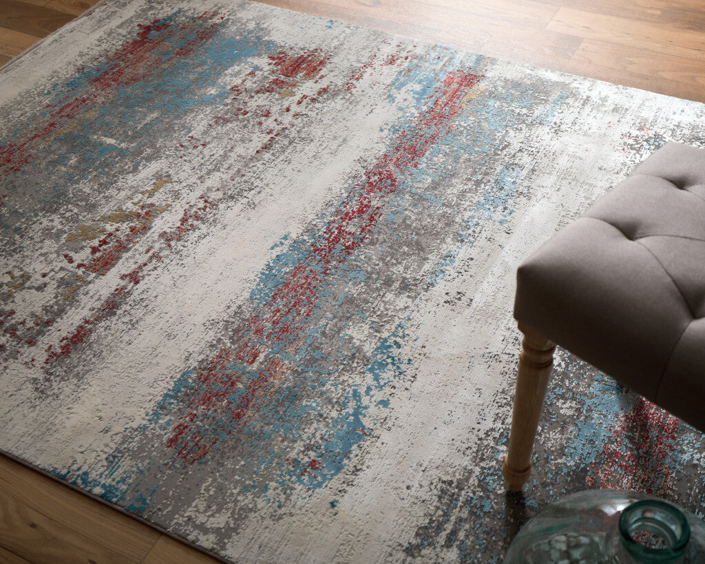 13' X 20' Gray Blue and Red Abstract Power Loom Area Rug With Fringe