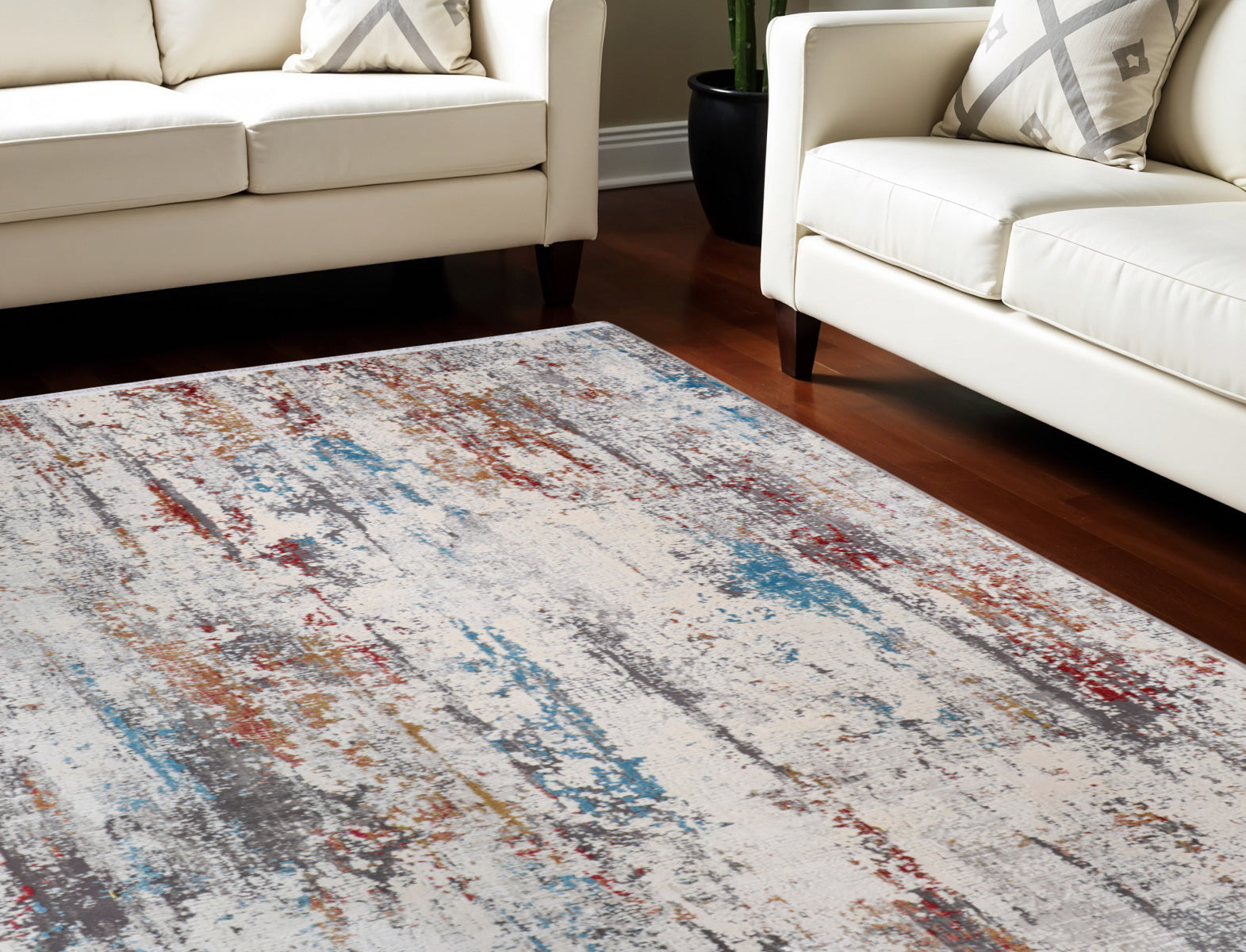 13' X 20' Gray Blue and Red Abstract Power Loom Area Rug With Fringe
