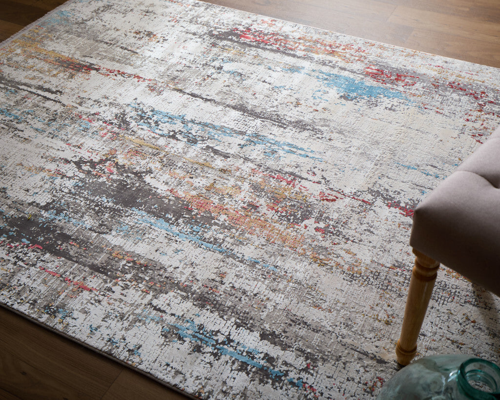 13' X 20' Gray Blue and Red Abstract Power Loom Area Rug With Fringe