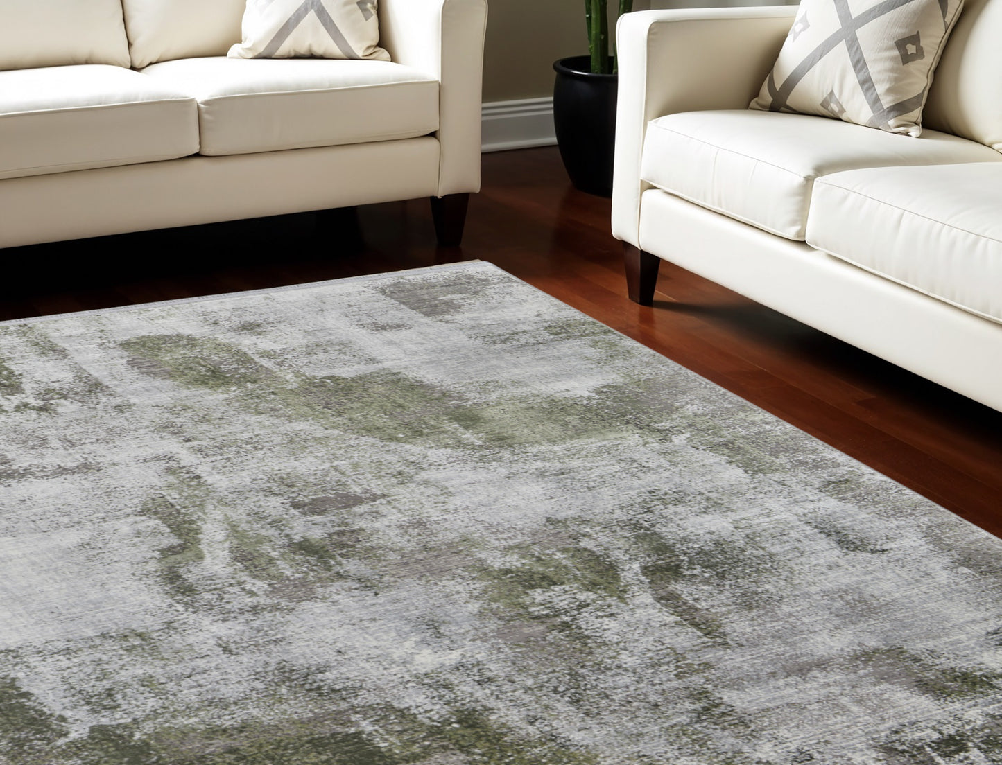 12' X 15' Gray Silver and Green Ikat Power Loom Area Rug With Fringe