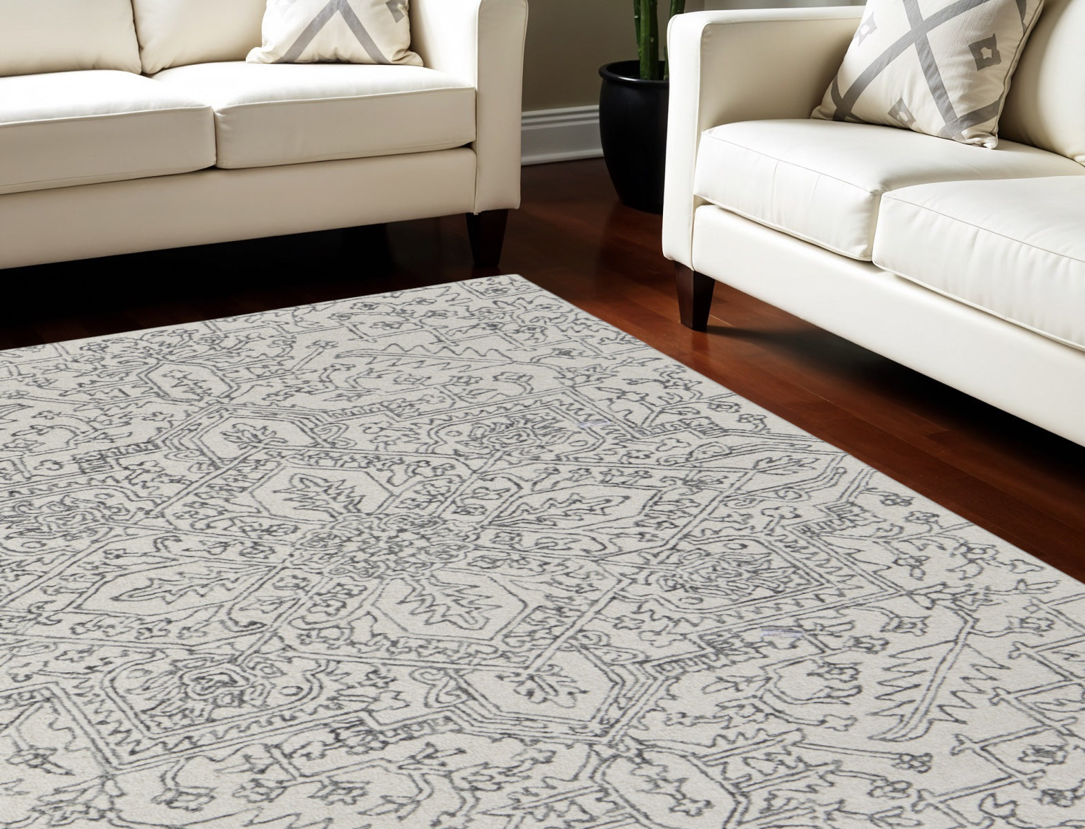 12' X 15' White and Gray Wool Oriental Hand Tufted Area Rug
