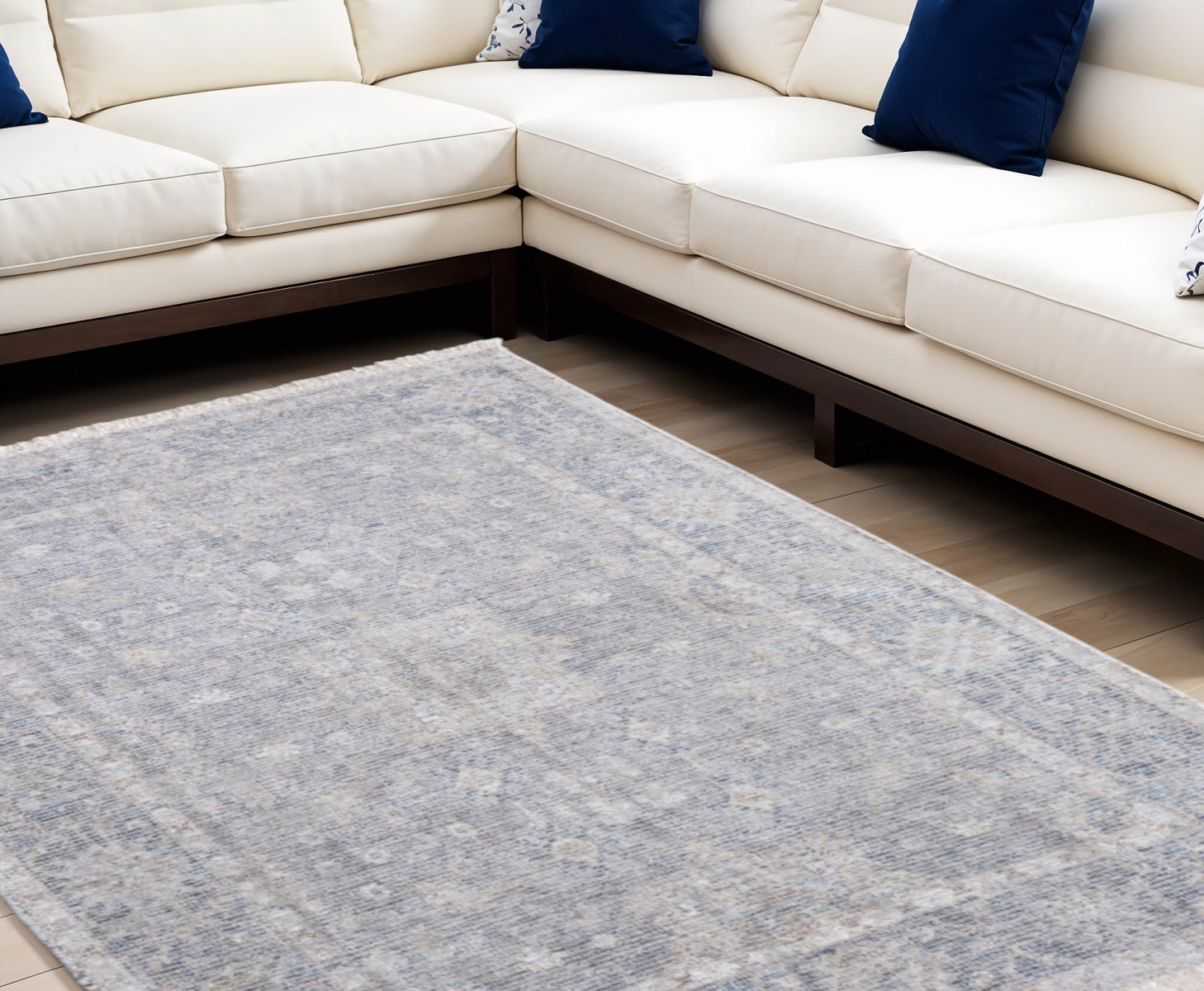 9' X 12' Gray Blue and Taupe Abstract Hand Woven Distressed Area Rug With Fringe