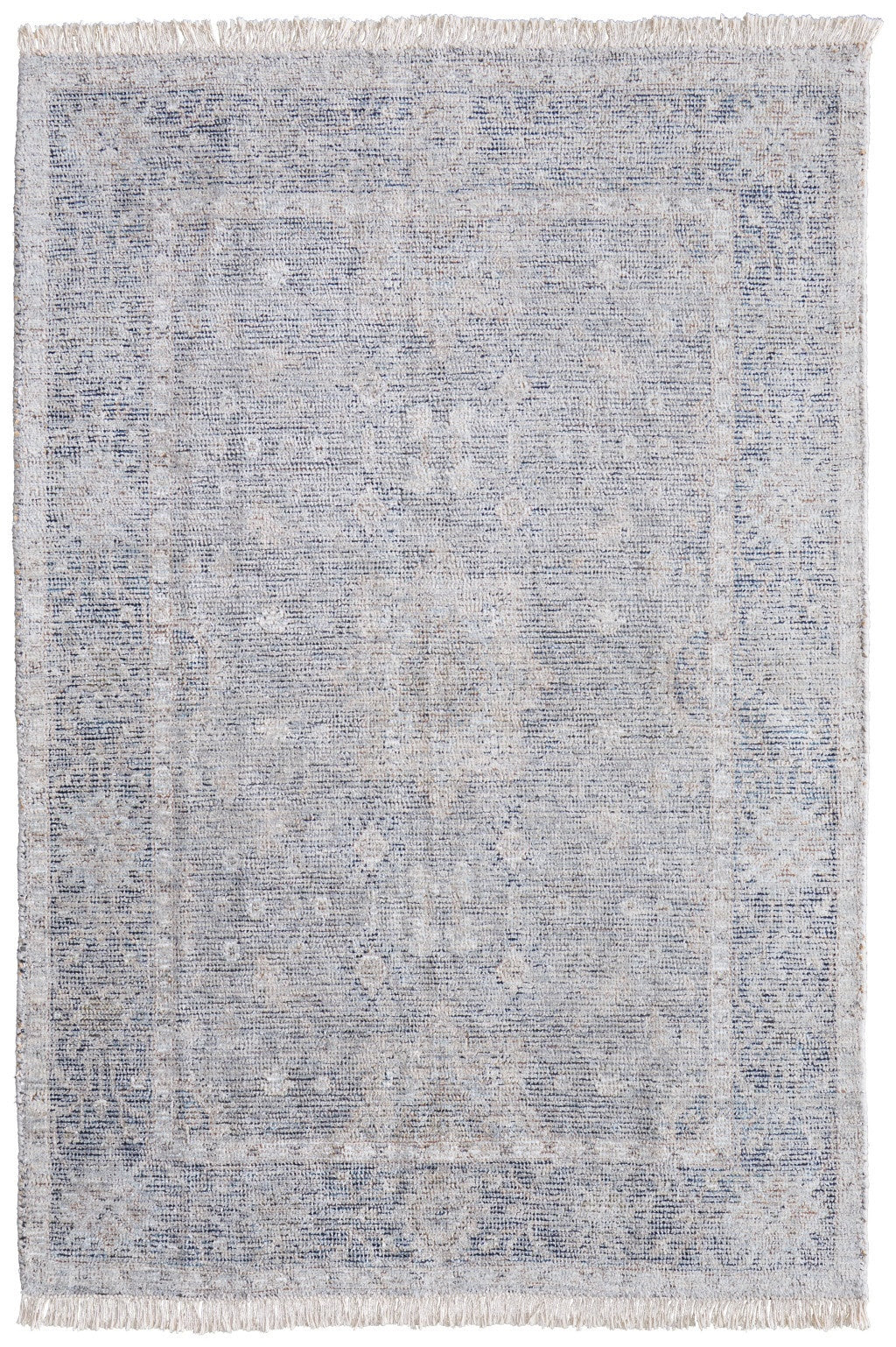 10' X 14' Gray Blue and Taupe Abstract Hand Woven Distressed Area Rug With Fringe