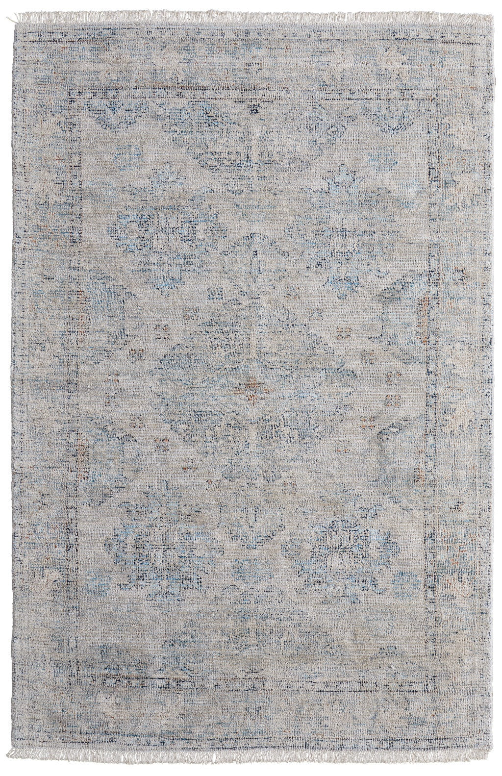 8' X 10' Gray Blue and Taupe Oriental Hand Woven Distressed Area Rug With Fringe