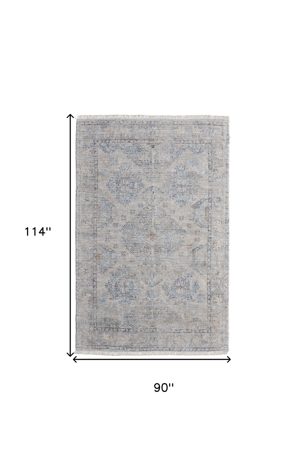8' X 10' Gray Blue and Taupe Oriental Hand Woven Distressed Area Rug With Fringe